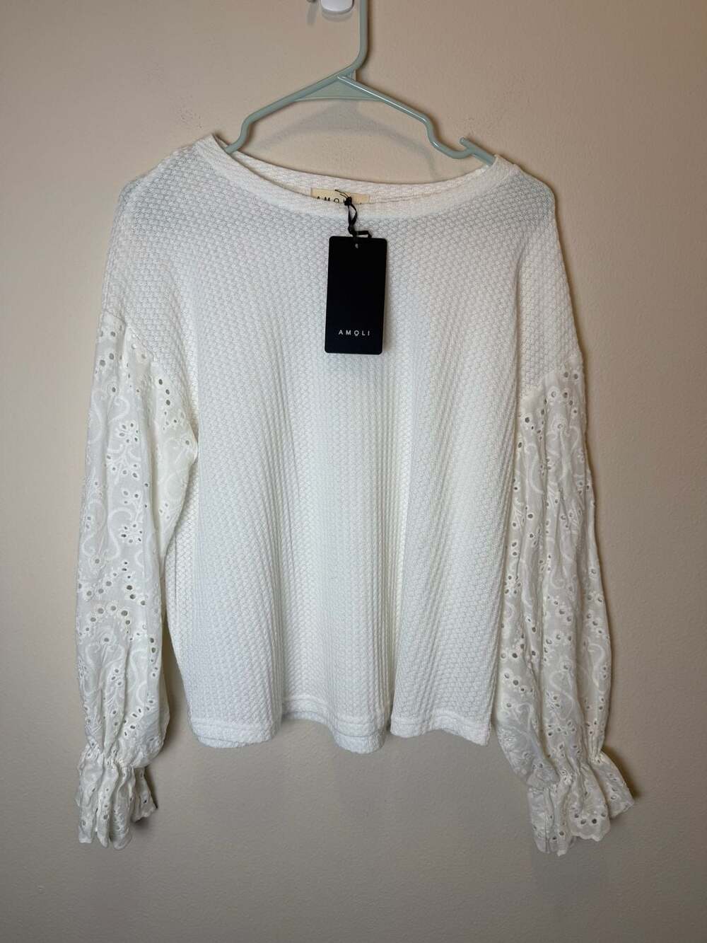 AMOLI Eyelet Ruffle Detailed Sleeve Knit Top Size S Off White